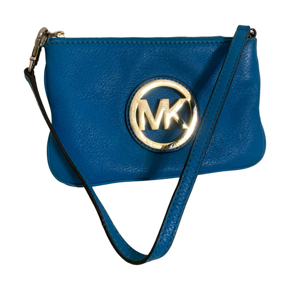Michael Kors Handbags - MICHAEL KORS Ocean Blue Leather FULTON Wristlet Purse w/Big MK Logo
